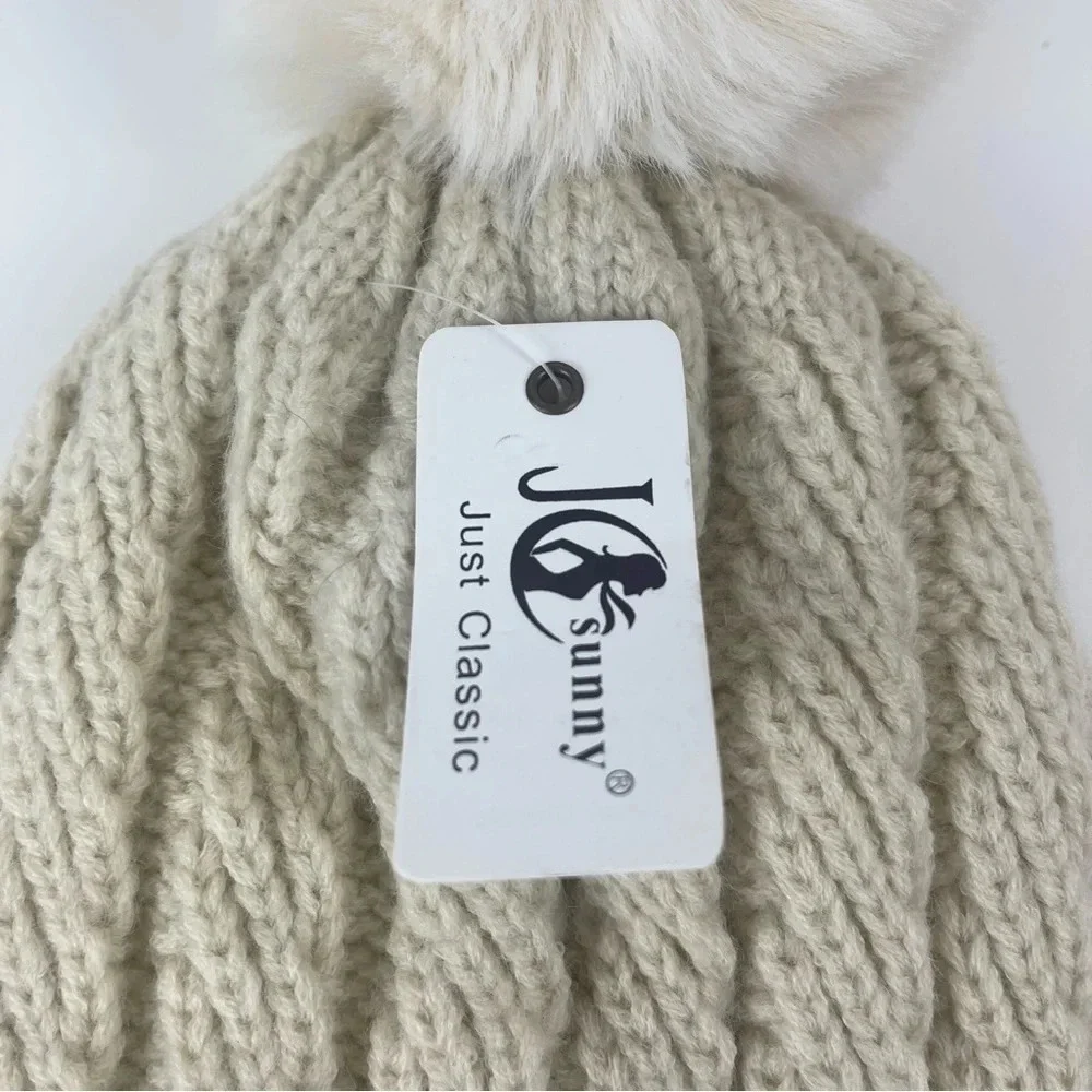 JC Sunny Just Classy Hat Womens One Size Beige Knit Fauc Fur Pom Pom Beanie